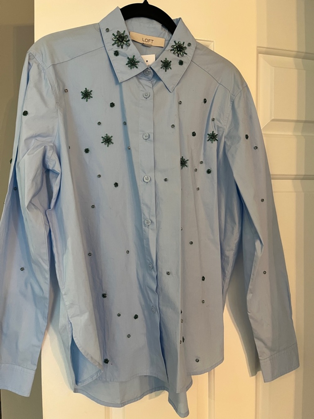 LOFT Light Blue Beaded Floral Button-Down Shirt